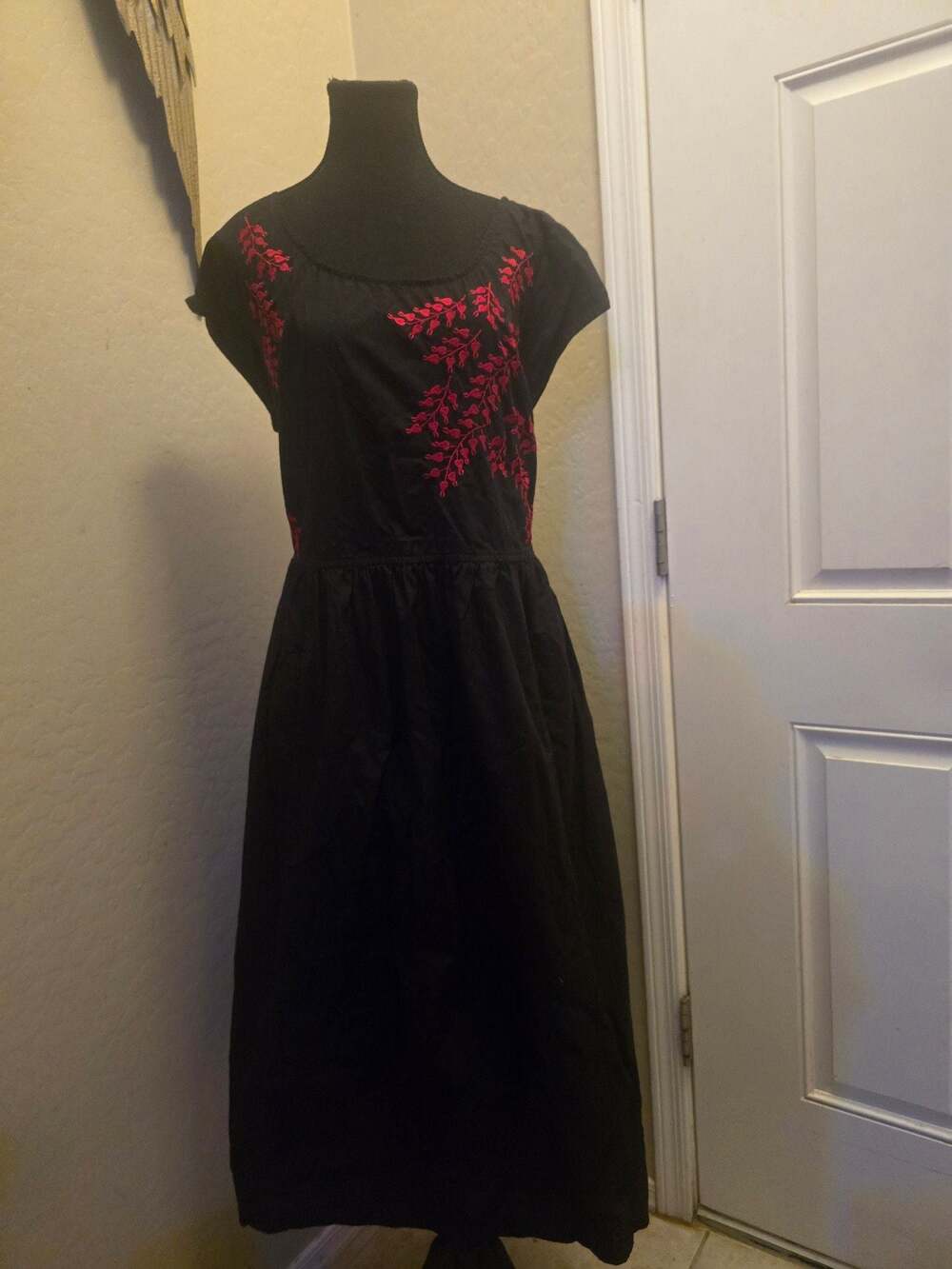 eShakti Black Cotton Midi Dress Red Floral Embroidered Custom Fit